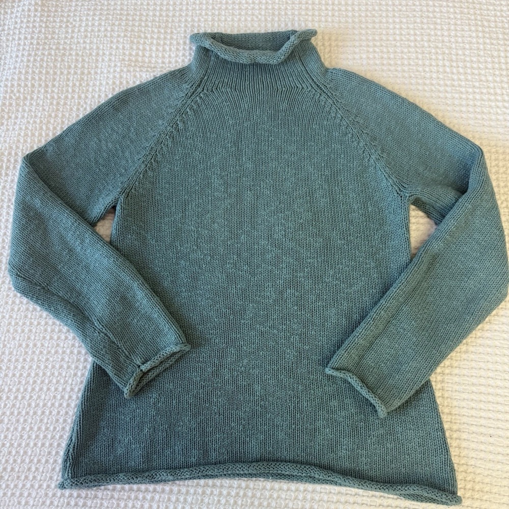 LL Bean Cotton Slub Rollneck Pullover Cotton Sweater Size M Teal Blue Fisherman